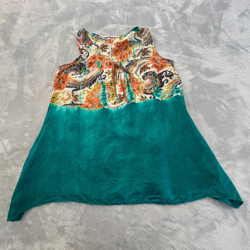 Language 100% Silk Shark Bite Tunic Tank Top Paisley Boho USA Womens S Teal Blue - Picture 5 of 10